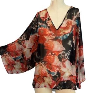 Carmen Marc Valvo Sheer Floral V-Neck Blouse Size L